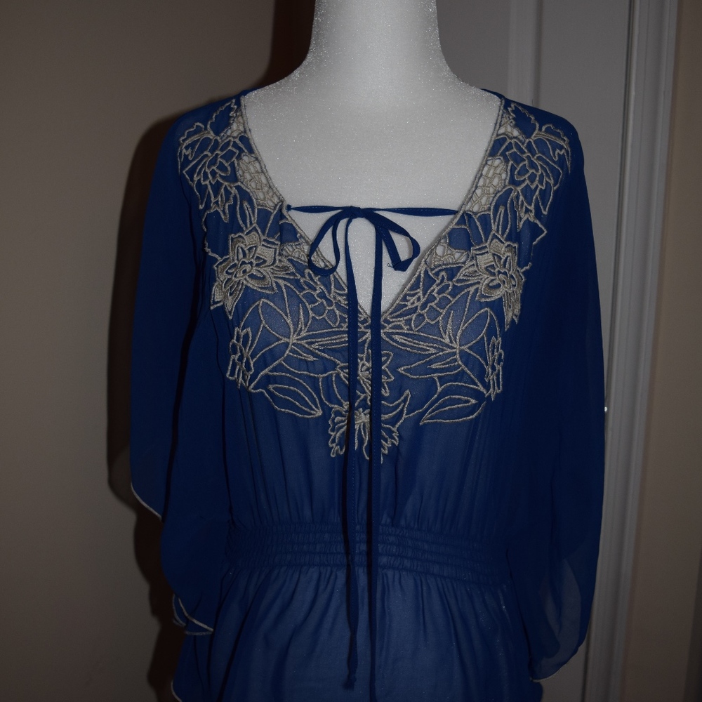 Sheer embroidered royal blue blouse